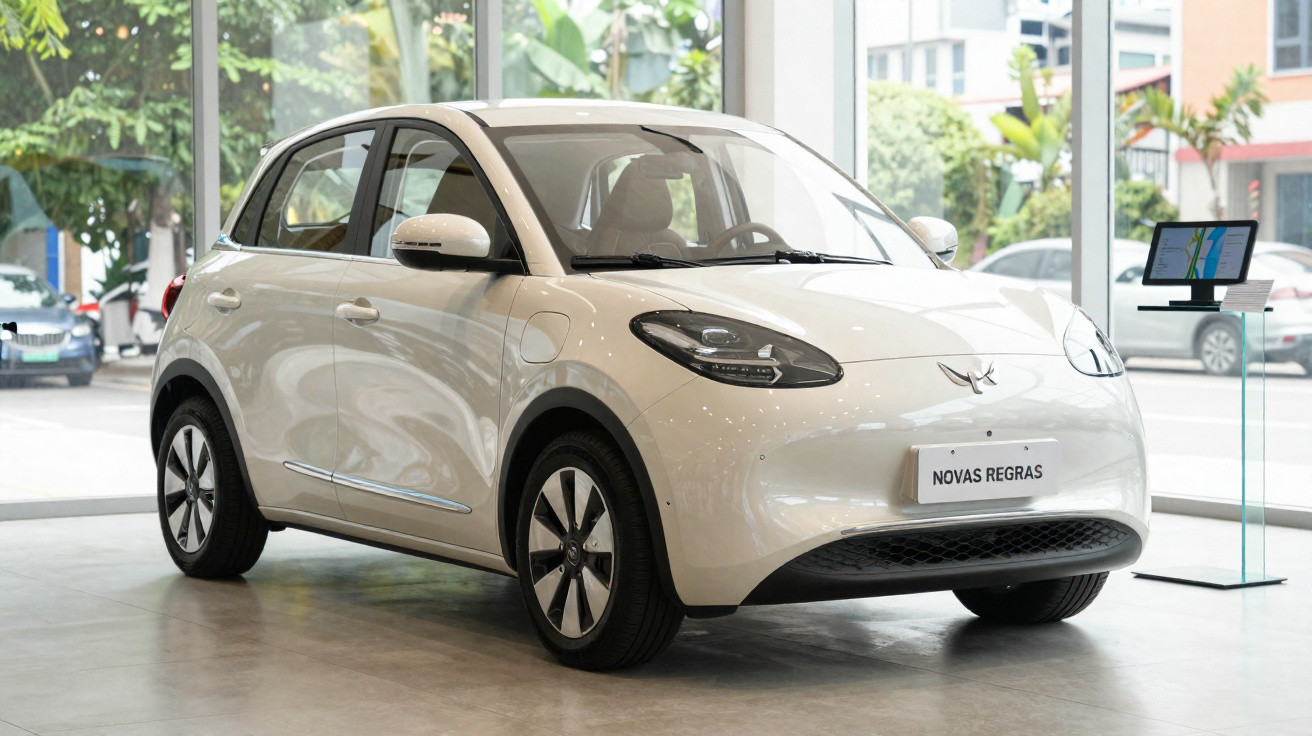 Carro elétrico branco compacto exposto em showroom moderno com placa escrito "Novas Regras".