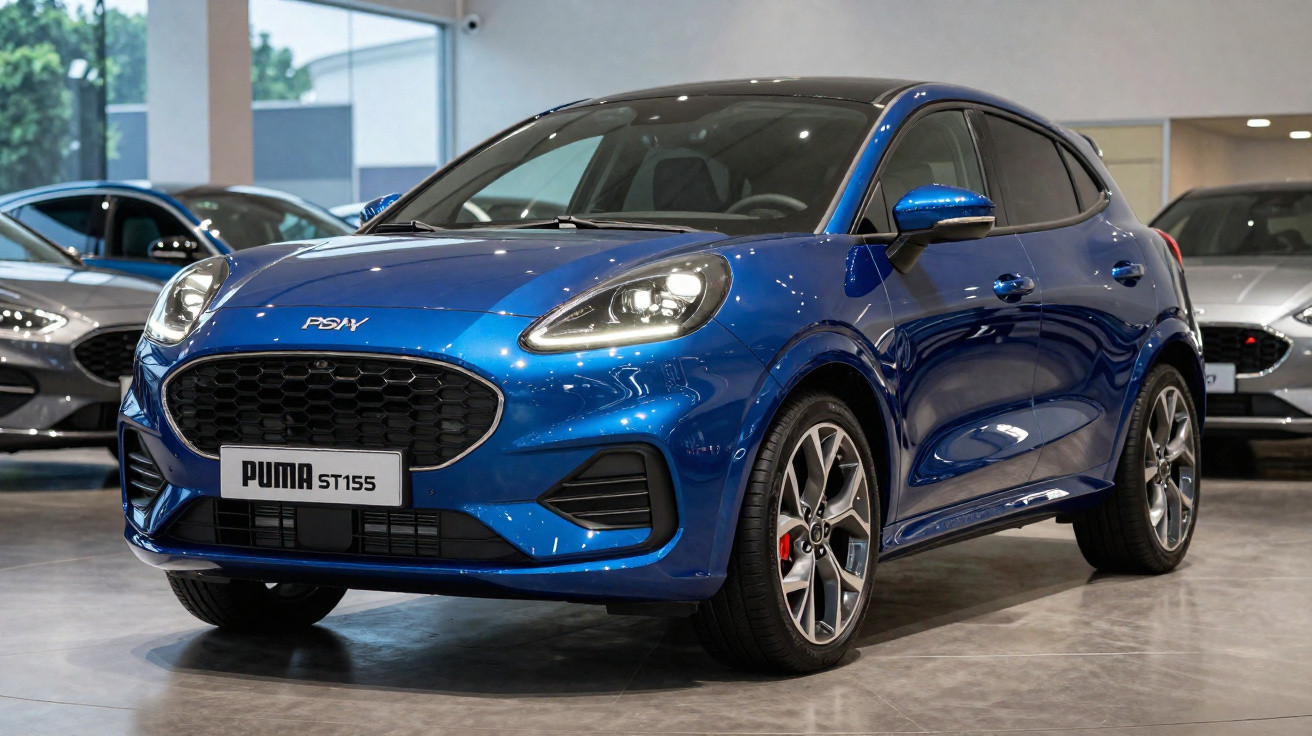 Carro azul Ford Puma ST155 exposto em showroom com piso refletivo e outras viaturas ao fundo.