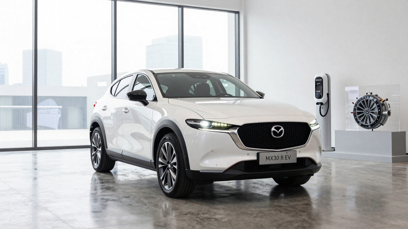 Carro elétrico branco Mazda MX-30 R-EV exibido em ambiente moderno e iluminado.