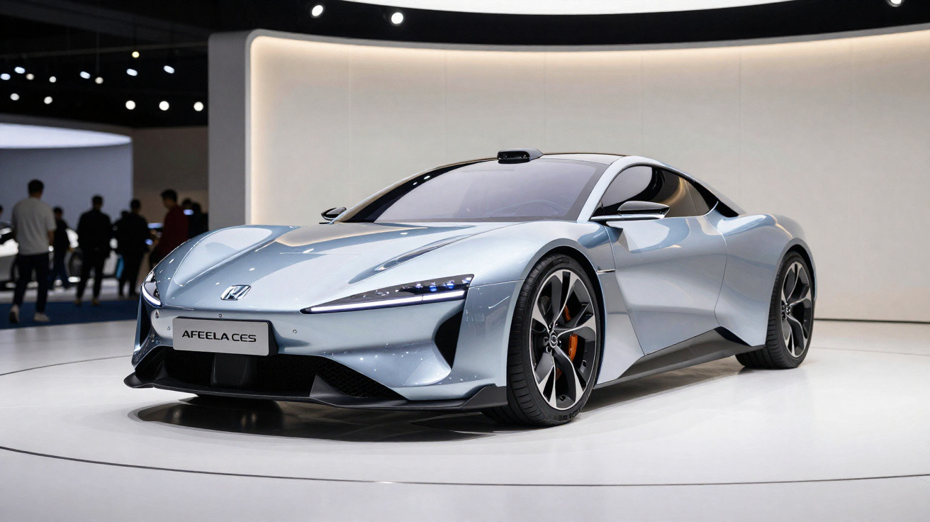 Carro esportivo elétrico prateado Afeela exibido em salão automotivo com fundo branco e pessoas ao longe.