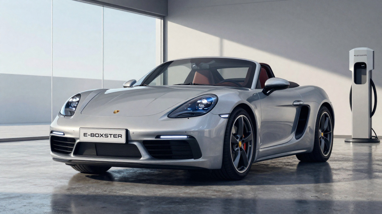 Carro esportivo conversível prata Porsche E-Boxster em showroom moderno com estação de carregamento elétrica ao lado.