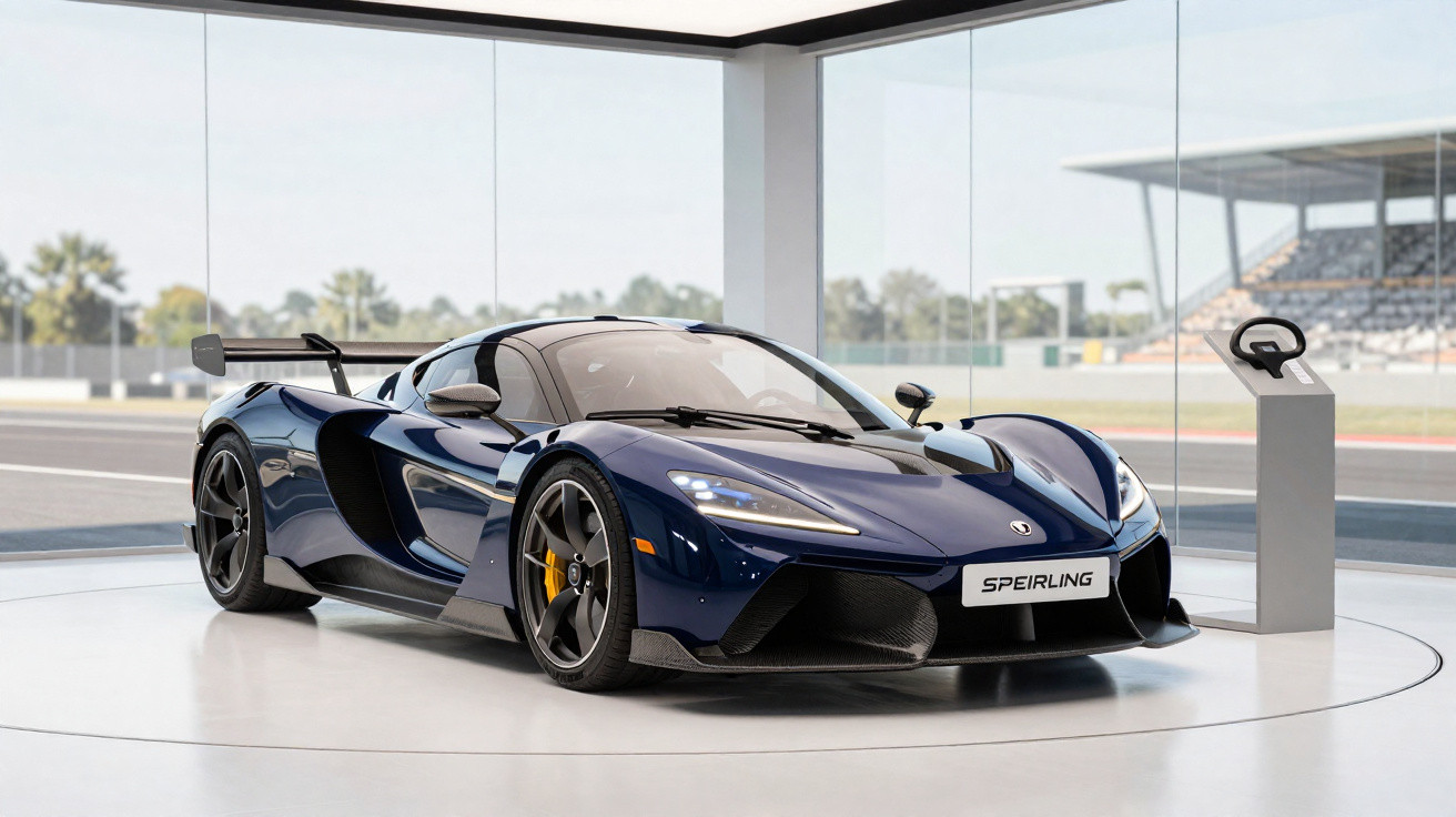 Carro esportivo azul com design aerodinâmico exposto em sala moderna com janelas de vidro grandes.