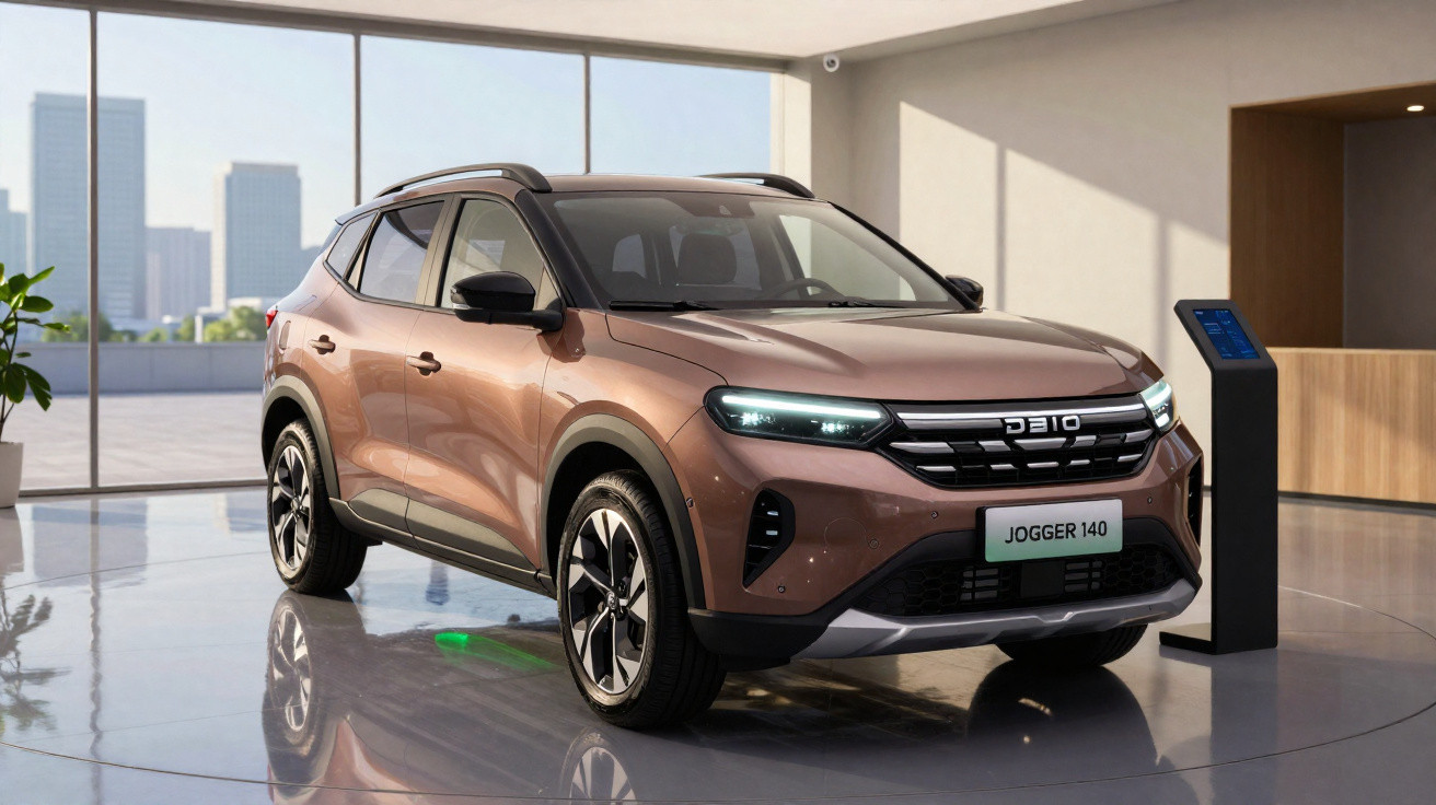 Carro SUV cinza Dacia Jogger 1.4 estacionado em showroom moderno com vidros grandes.