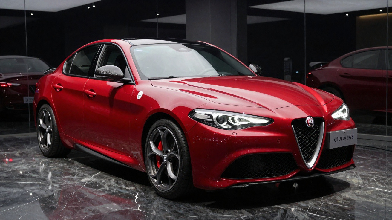 Carro esportivo Alfa Romeo Giulia SWB vermelho exibido em ambiente interno com piso espelhado.