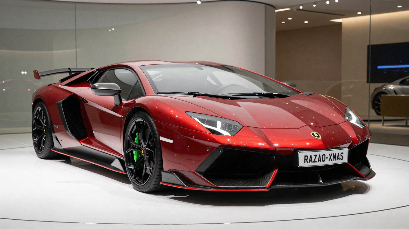 Carro esportivo Lamborghini vermelho com rodas pretas e detalhes verdes exposto em ambiente moderno.