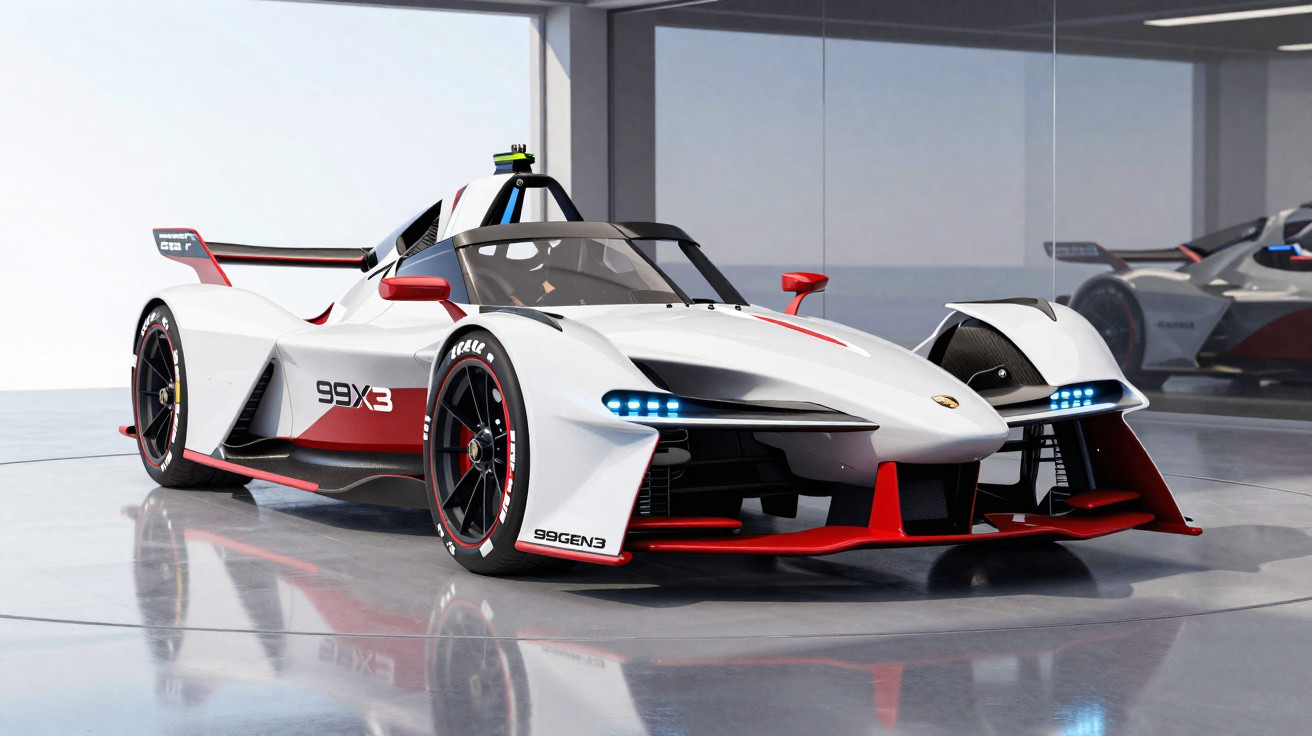 Carro de corrida elétrico branco e vermelho com aerofólio, pneus slicks e luzes LED em garagem moderna.