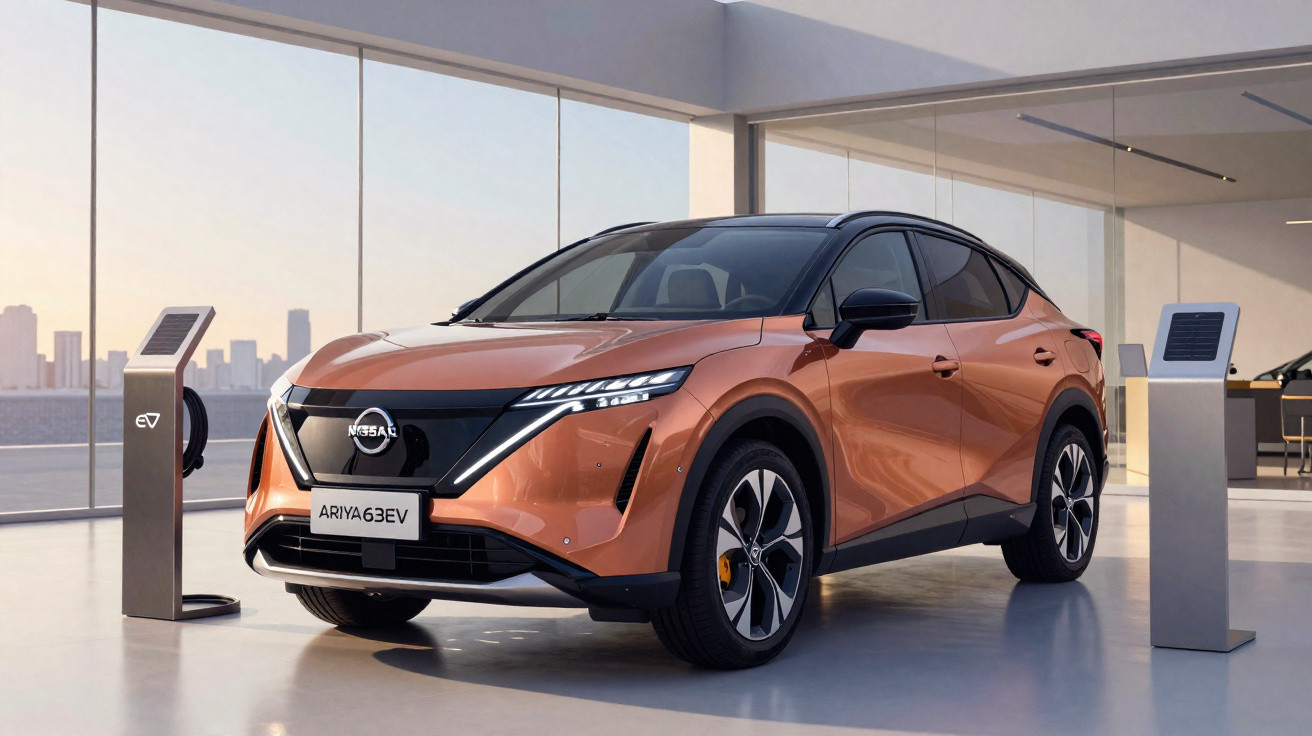 Carro elétrico Nissan Ariya na cor cobre, estacionado em sala moderna com estação de recarga ao lado.