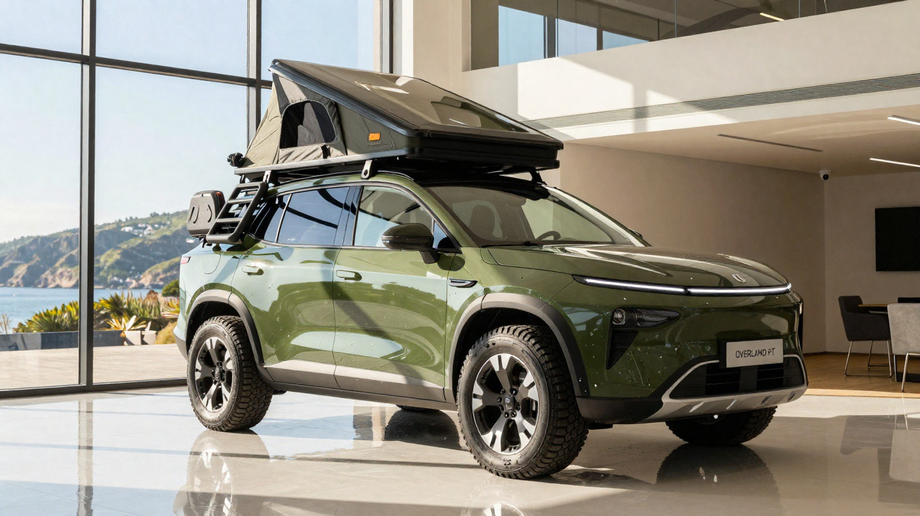 SUV verde com pneus off-road e barraca de teto estacionado em ambiente moderno com vista para o mar.