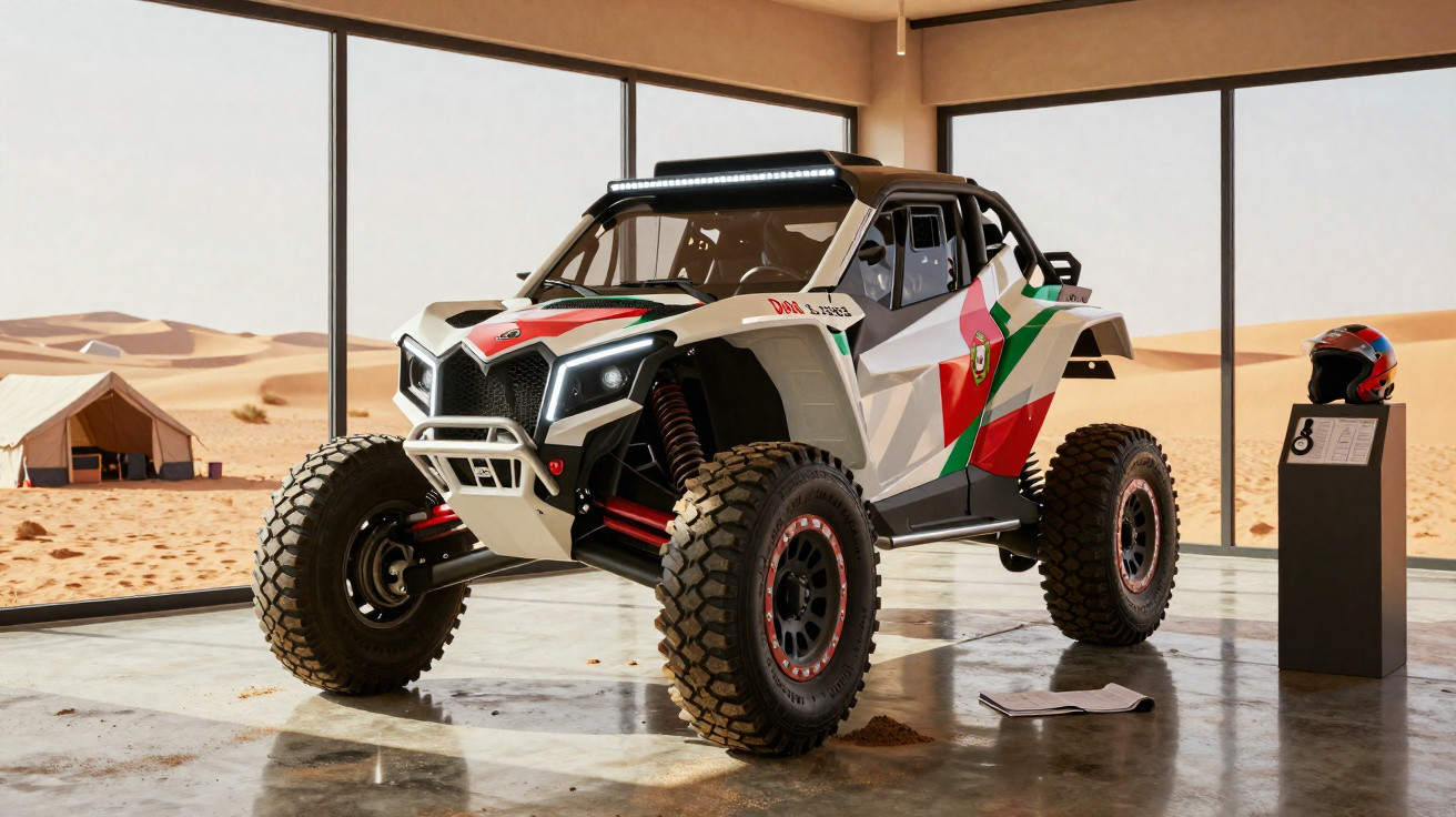 Veículo off-road com pintura colorida em exposição interna, com deserto ao fundo e capacete ao lado.