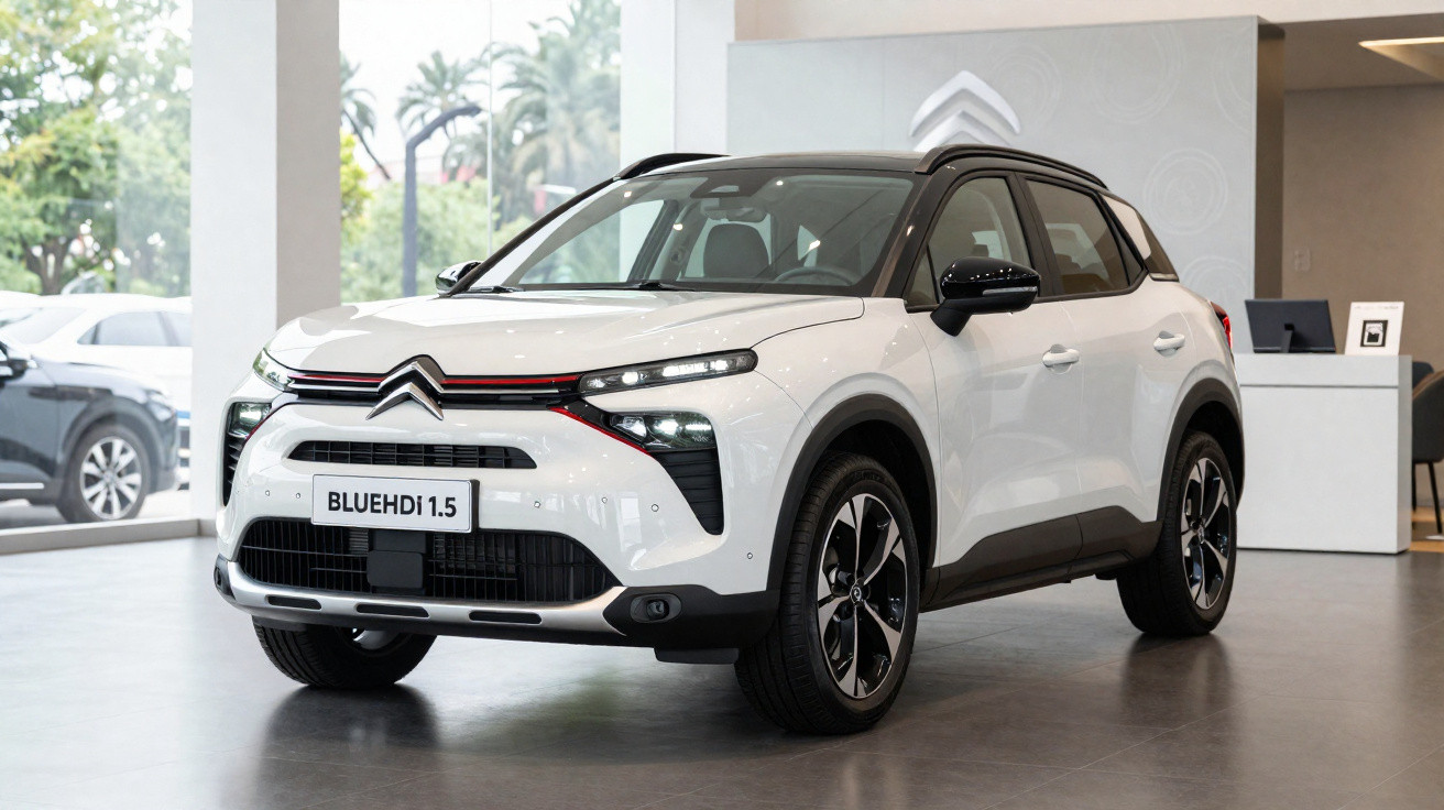 SUV Citroën branco modelo BlueHDi 1.5 em exibição em showroom moderno e iluminado.