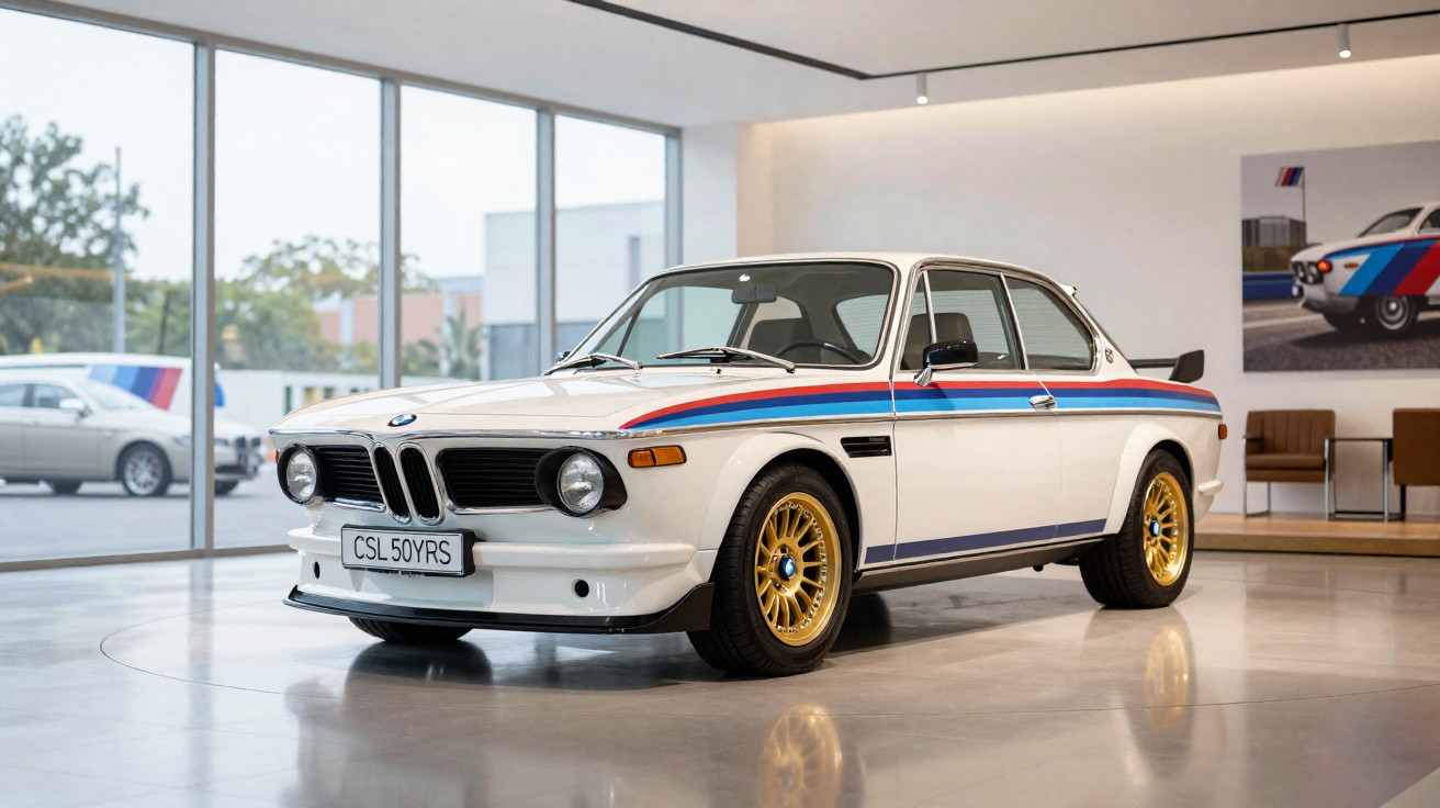 Carro clássico BMW branco com faixas coloridas e rodas douradas em exposição interna.