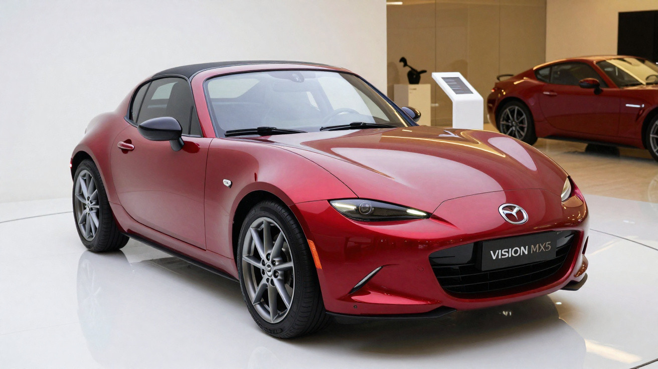 Carro esportivo conversível vermelho Mazda Vision MX5 exposto em ambiente interno moderno.