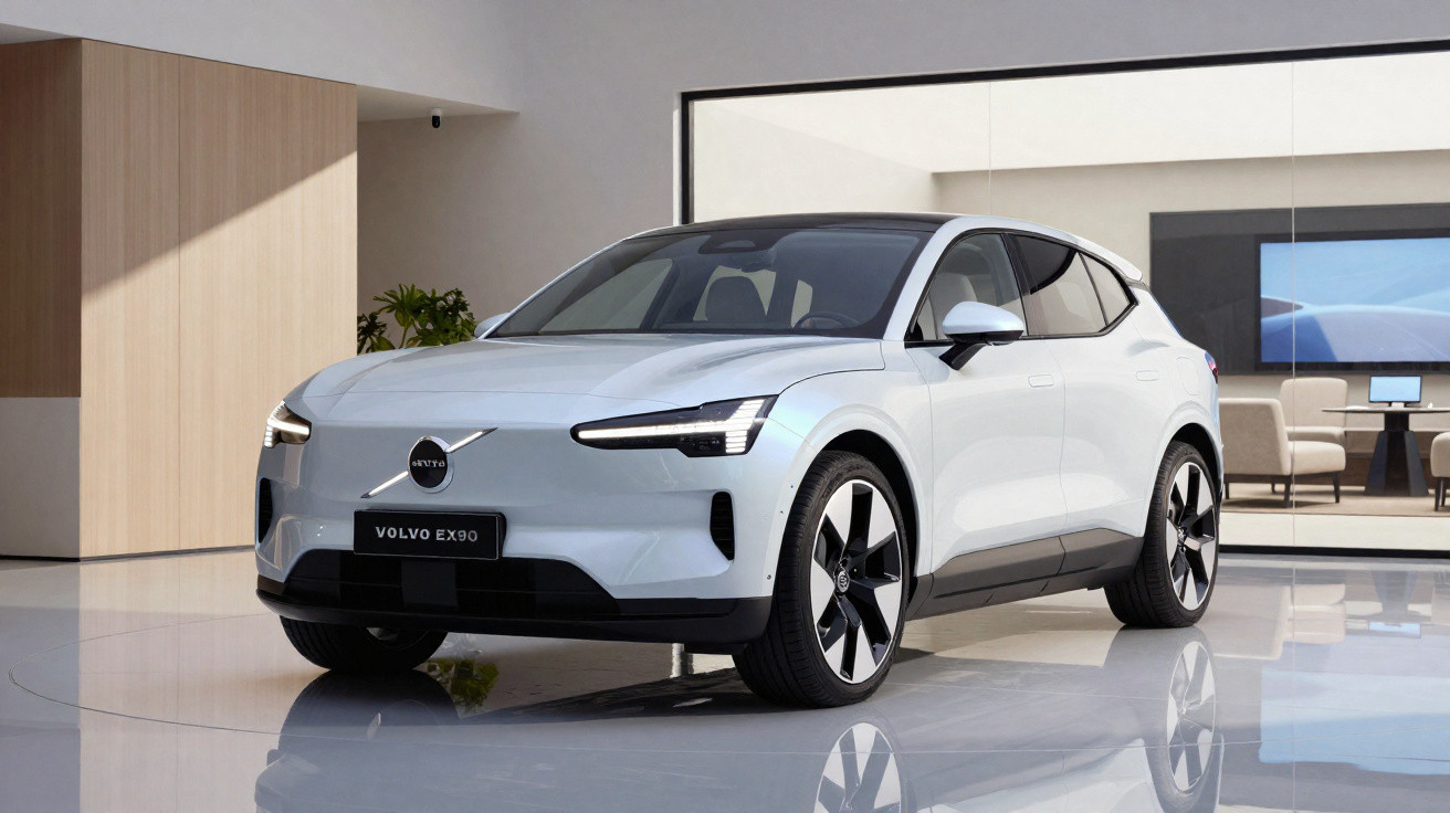 Carro elétrico Volvo EX90 branco exibido em ambiente interno moderno com piso refletivo e parede de vidro.