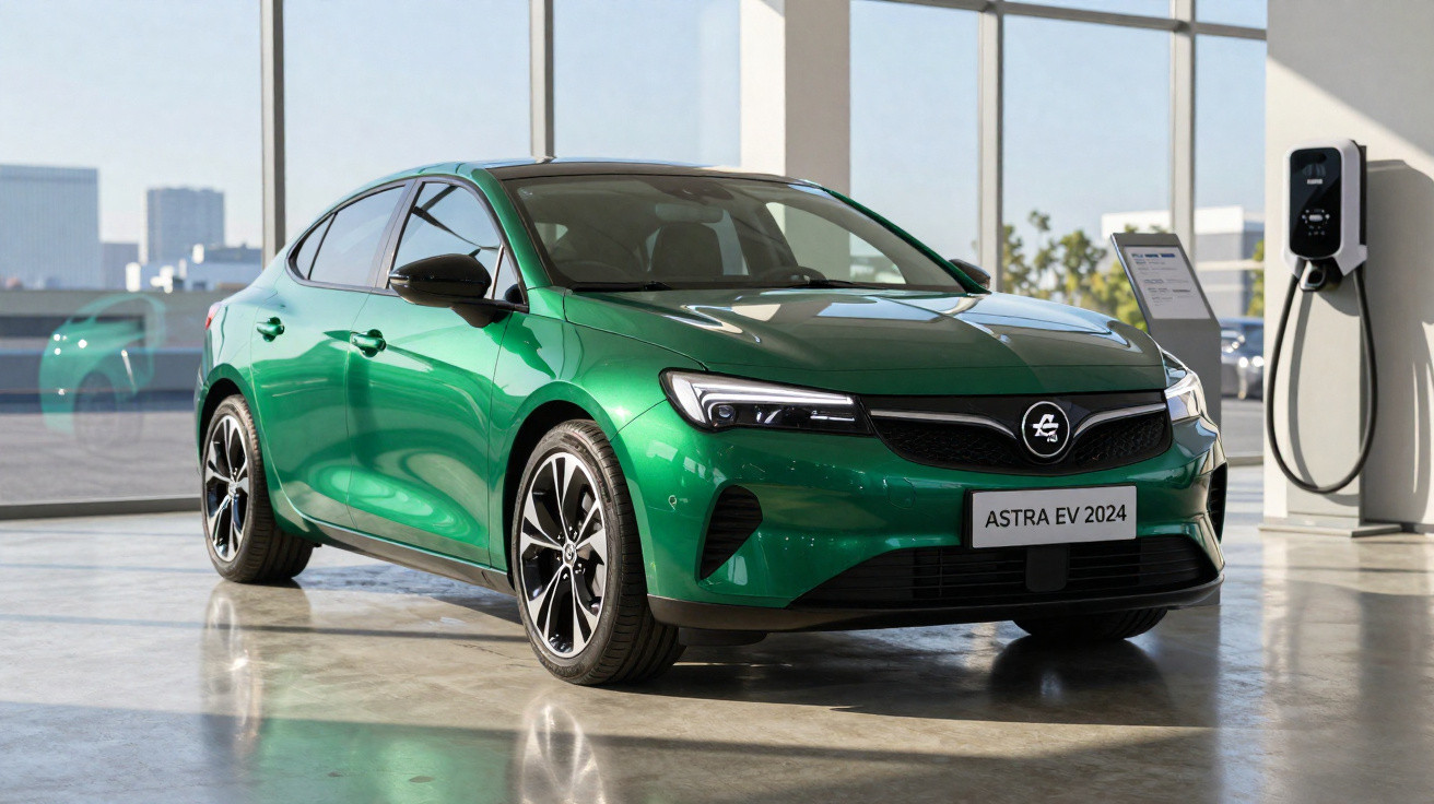 Carro elétrico verde Astra EV 2024 estacionado em garagem moderna com carregador na parede.