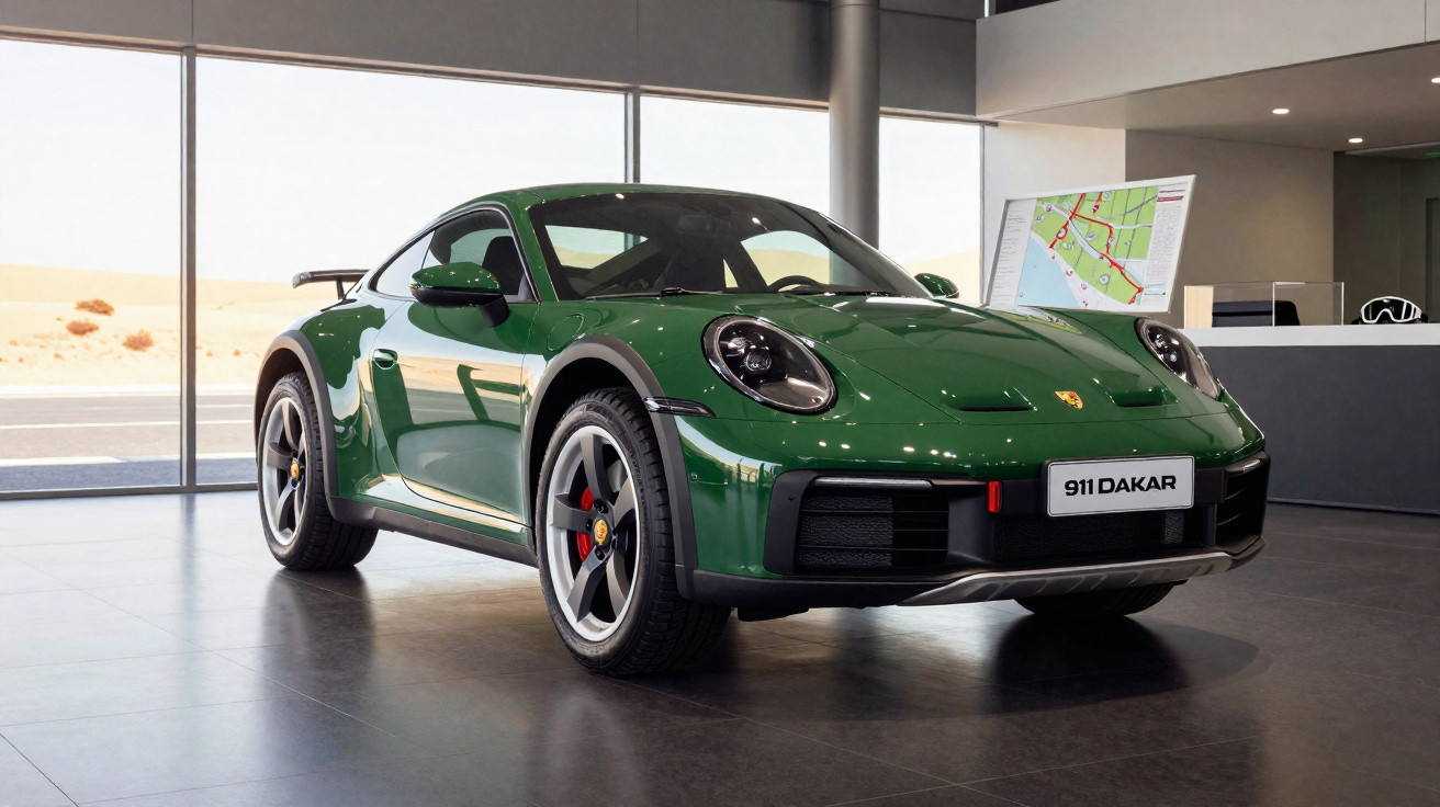 Carro esportivo verde Porsche 911 Dakar em exposição em ambiente moderno com janelas amplas.