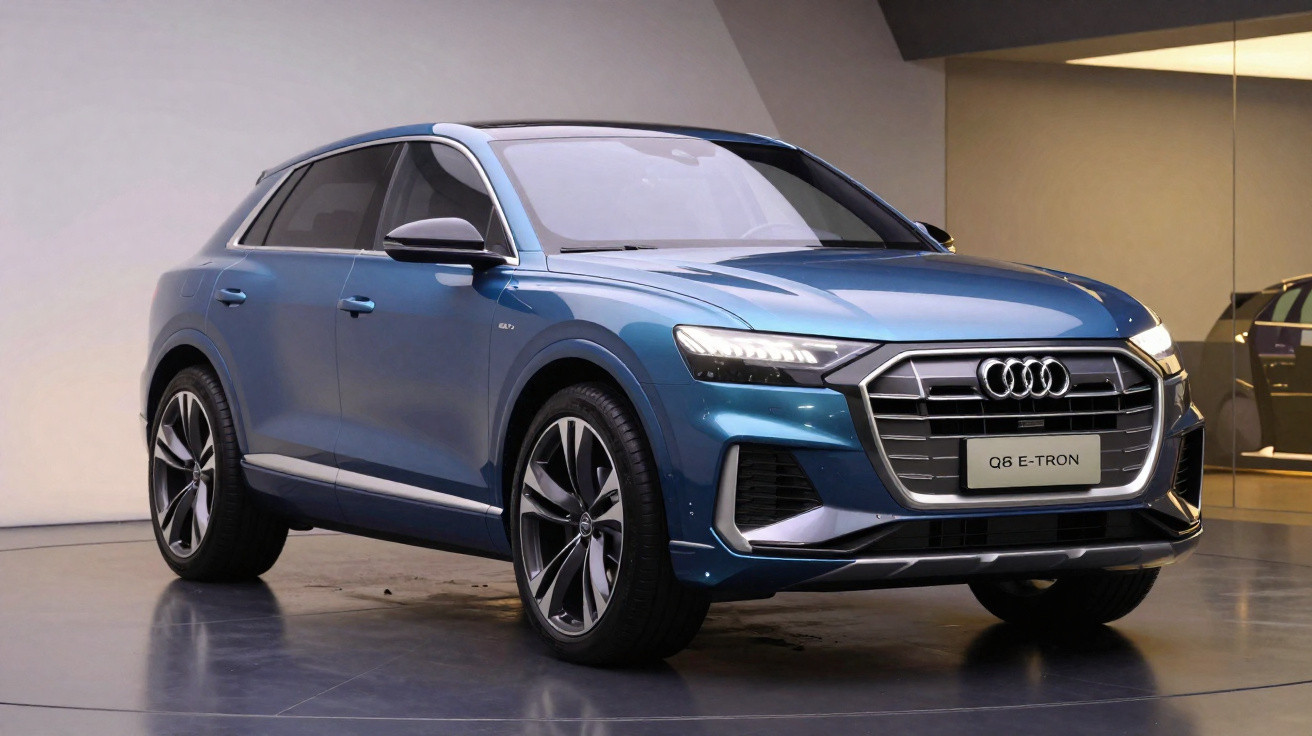 SUV Audi Q8 E-Tron azul exibido em ambiente interno moderno com luzes e piso escuro.