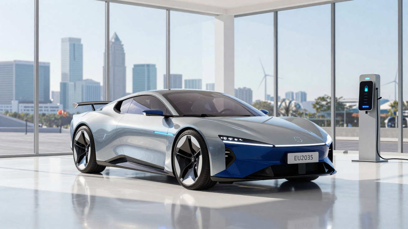 Carro esportivo elétrico cinza azul em showroom moderno com painel de carregamento e prédios ao fundo.