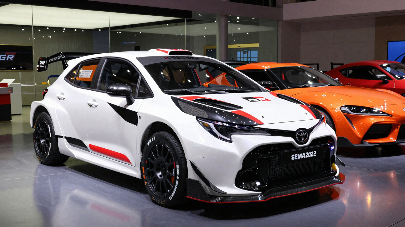 Carro de corrida Toyota branco com detalhes em vermelho em exposição, com carro esportivo laranja ao fundo.