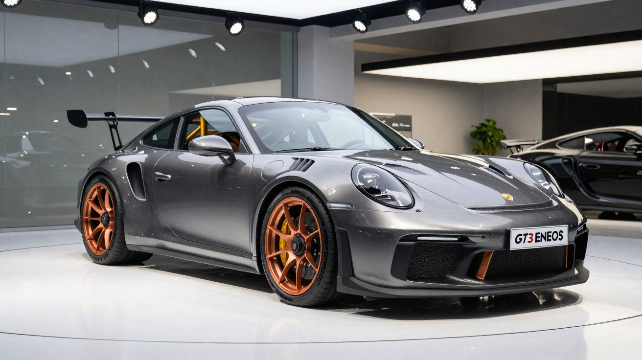 Carro esportivo cinza Porsche GT3 ENEOS com rodas laranja em exposição interna brilhante.