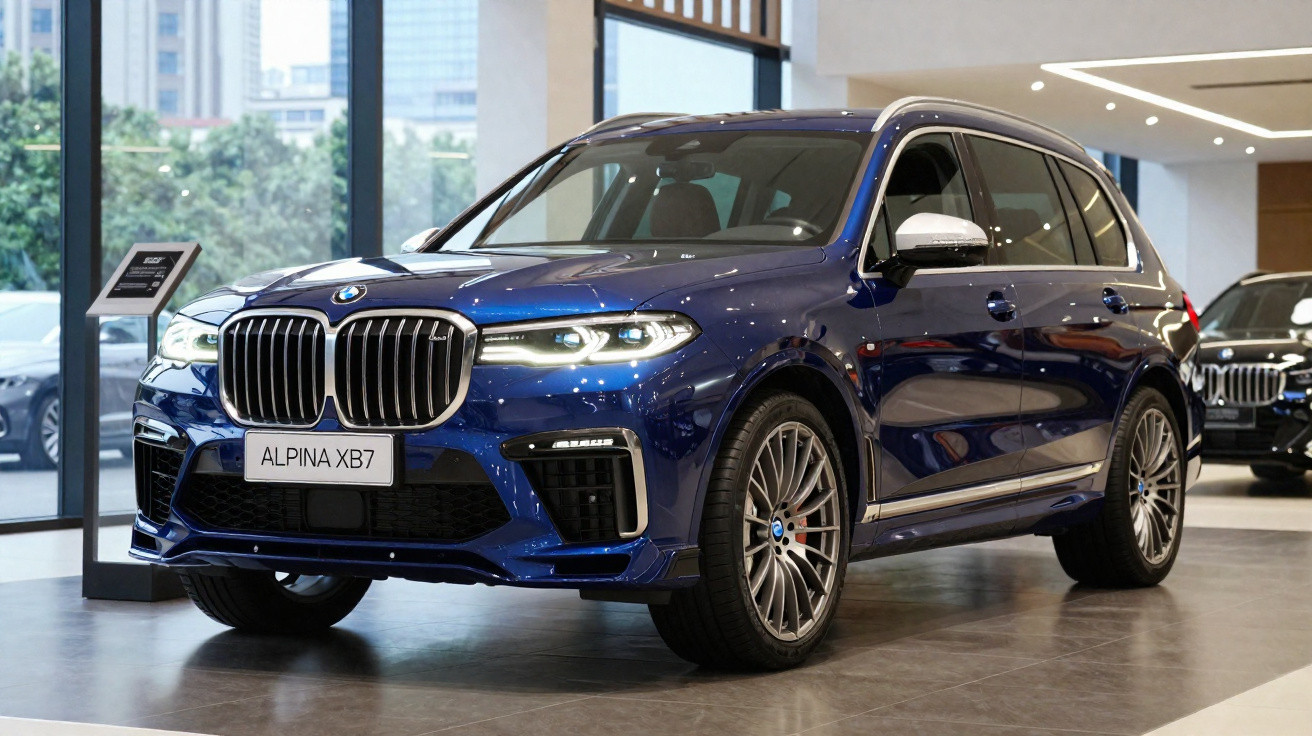 Carro SUV BMW Alpina XB7 azul escuro exibido em showroom moderno com janelas grandes.