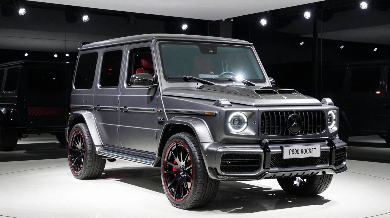 Carro SUV Mercedes-Benz G-Class cinza com detalhes em preto e interior vermelho exibido em salão de automóveis.