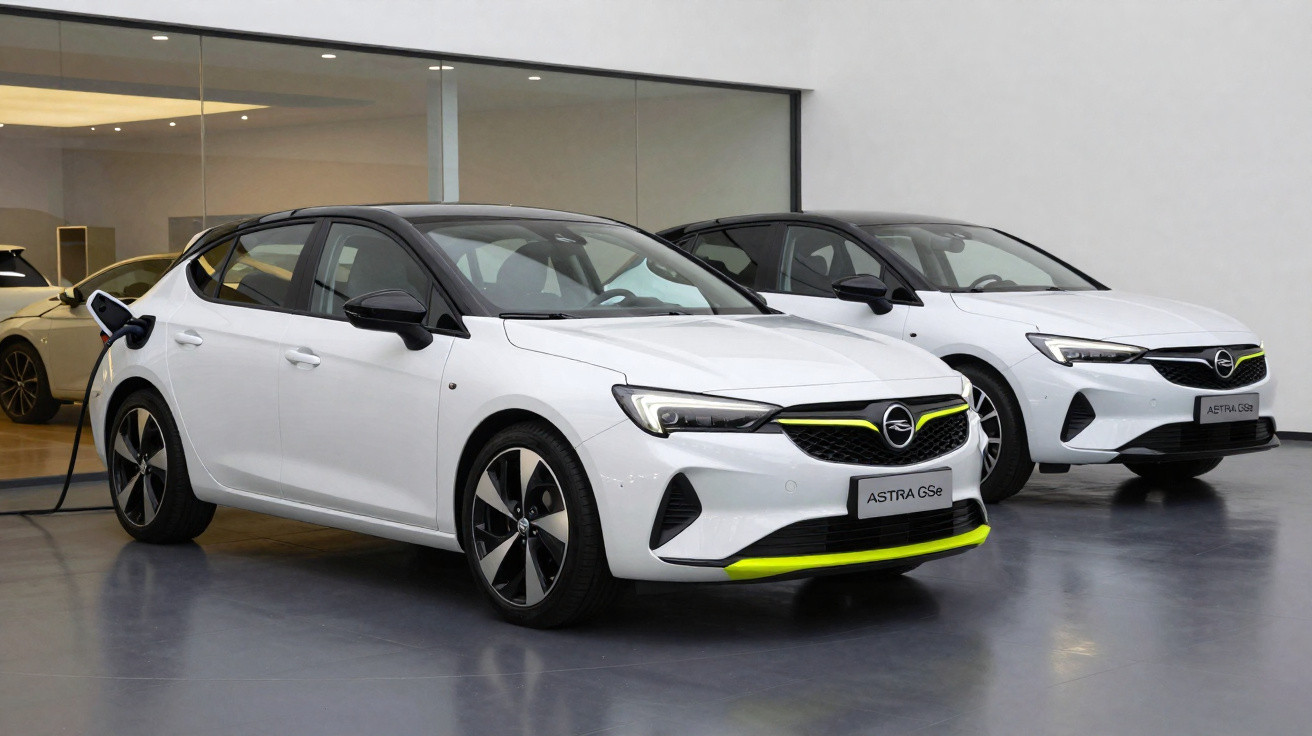 Dois carros elétricos Opel Astra GS6 branco em exibição interna, com um carregando na tomada.