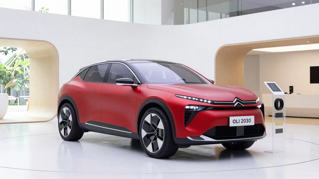 Carro elétrico Citroën vermelho Olli 2030 exibido em ambiente interno moderno e iluminado.