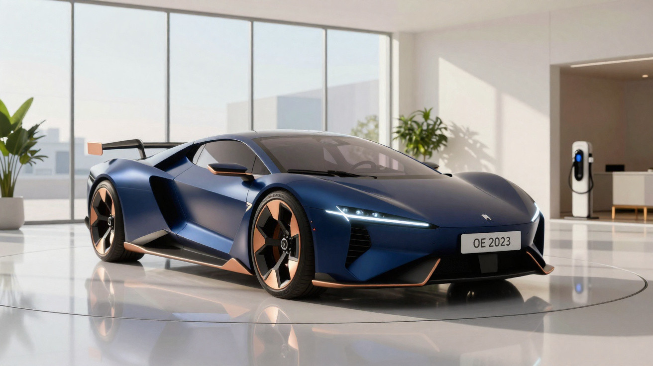 Carro esportivo azul metálico com detalhes em cobre em showroom moderno com plantas e carregador elétrico.