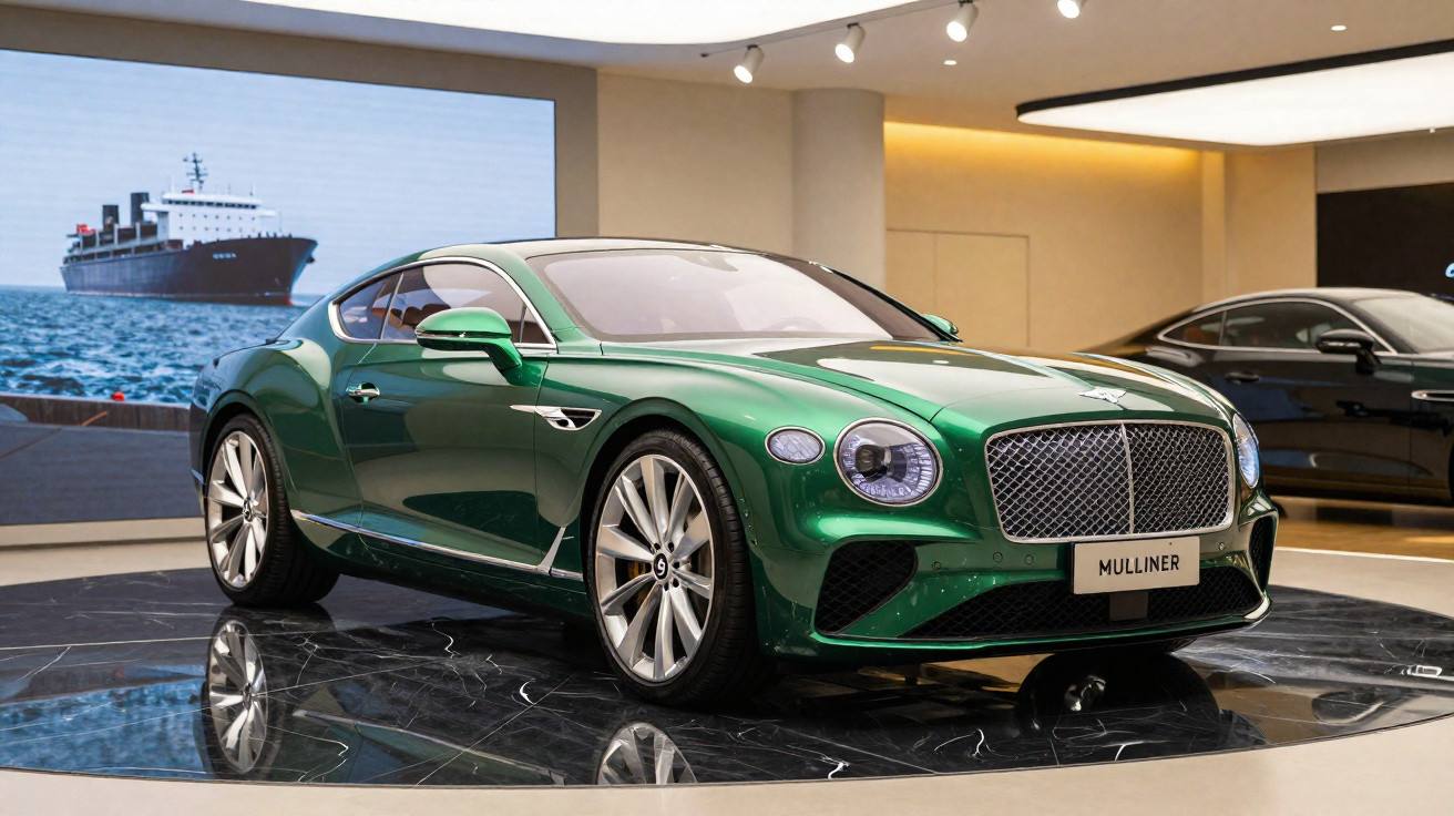 Carro esportivo verde Bentley Mulliner exposto em showroom moderno com iluminação sofisticada.