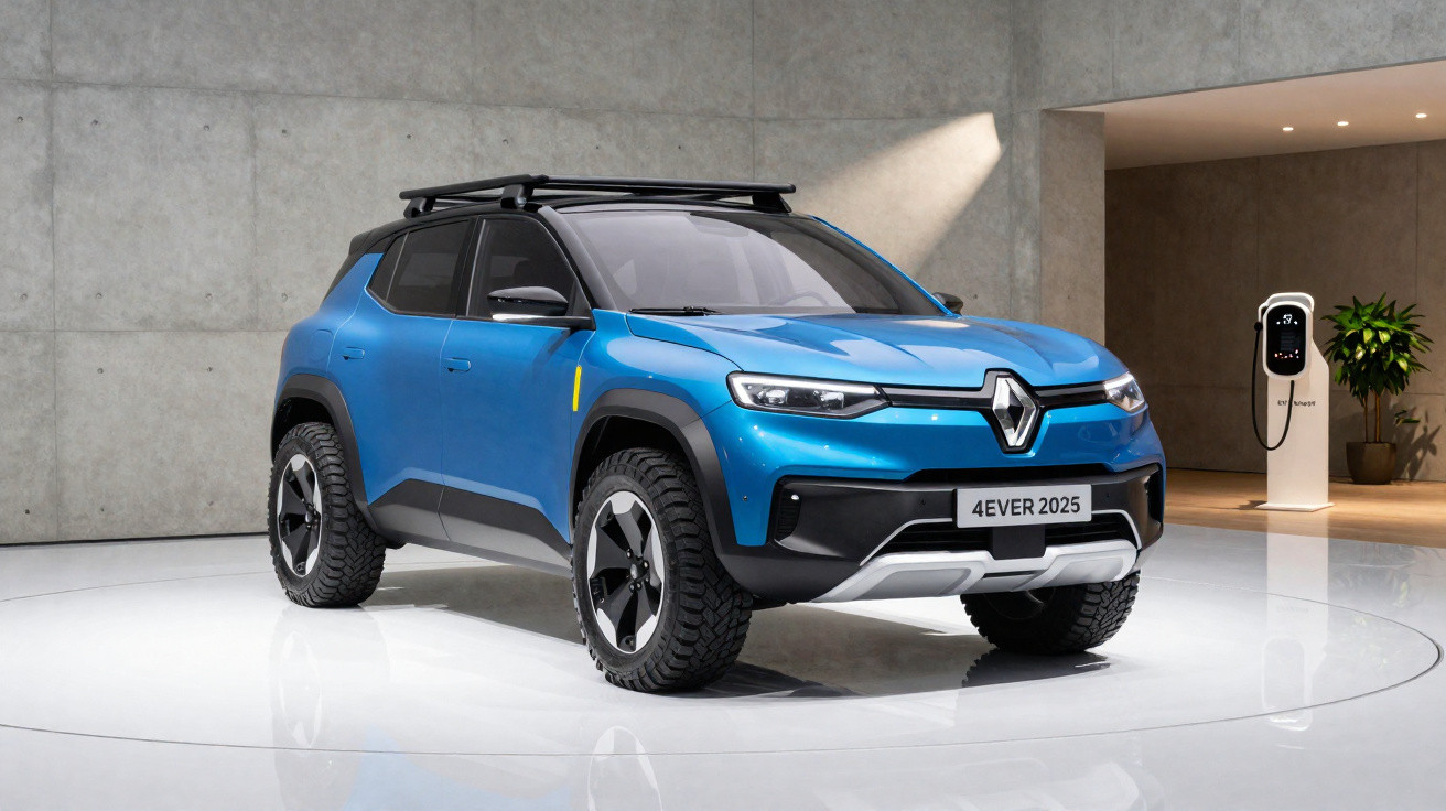 Carro elétrico Renault azul modelo 4EVER 2025 em exposição com estação de carregamento próximo.