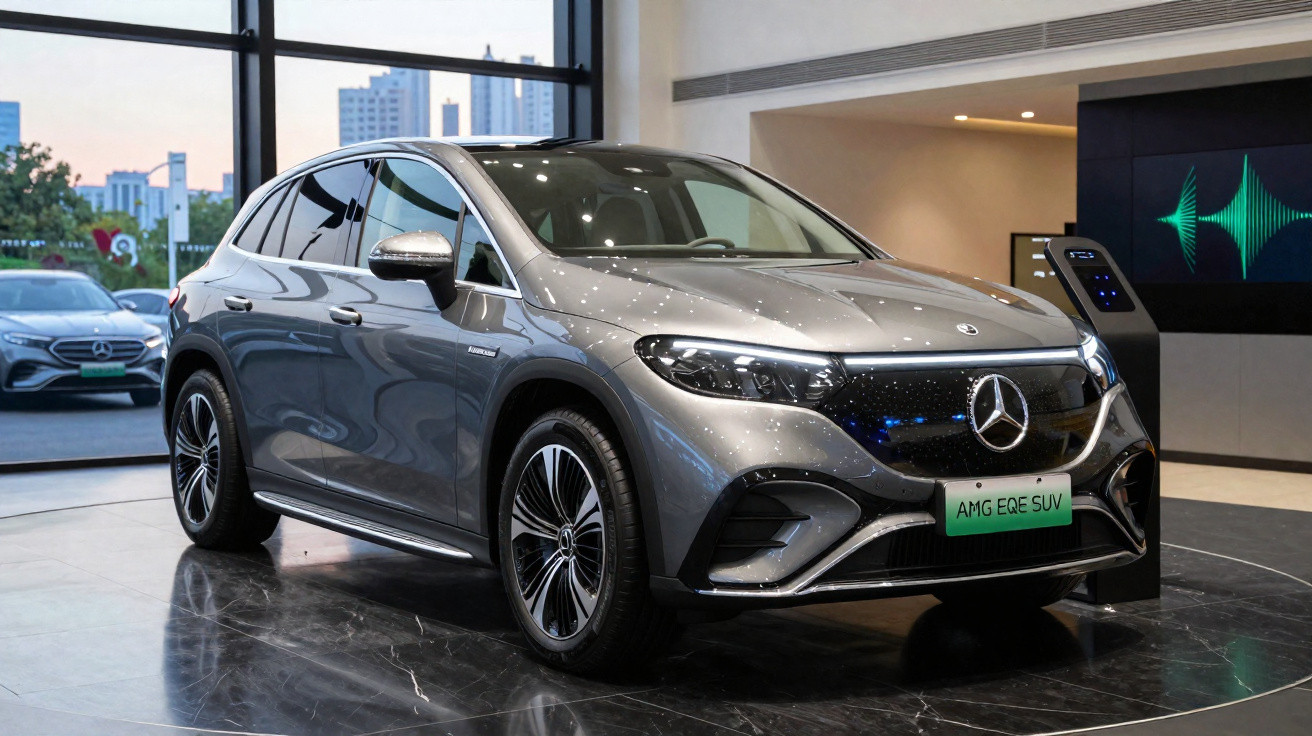 Carro elétrico Mercedes-Benz AMG EQE SUV prata exposto em showroom moderno com vitrô e painel digital.