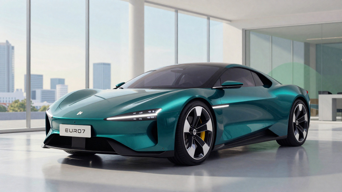 Carro esportivo elétrico verde metálico estacionado em ambiente interno moderno com vista urbana ao fundo.