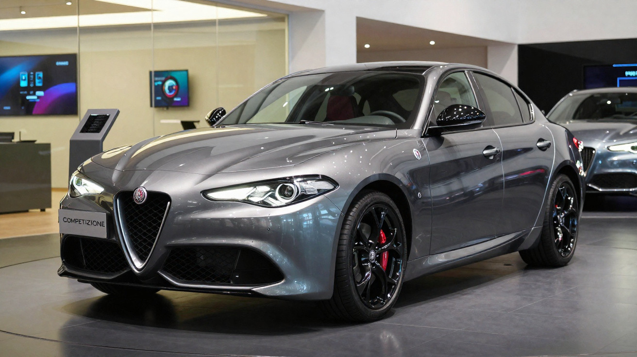Carro sedan esportivo Alfa Romeo cinza em exposição em ambiente interno moderno.