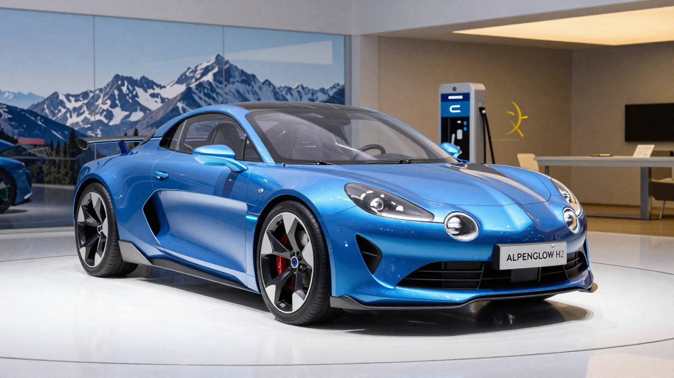 Carro esportivo azul elétrico estacionado em ambiente moderno com vista para montanhas nevadas ao fundo.