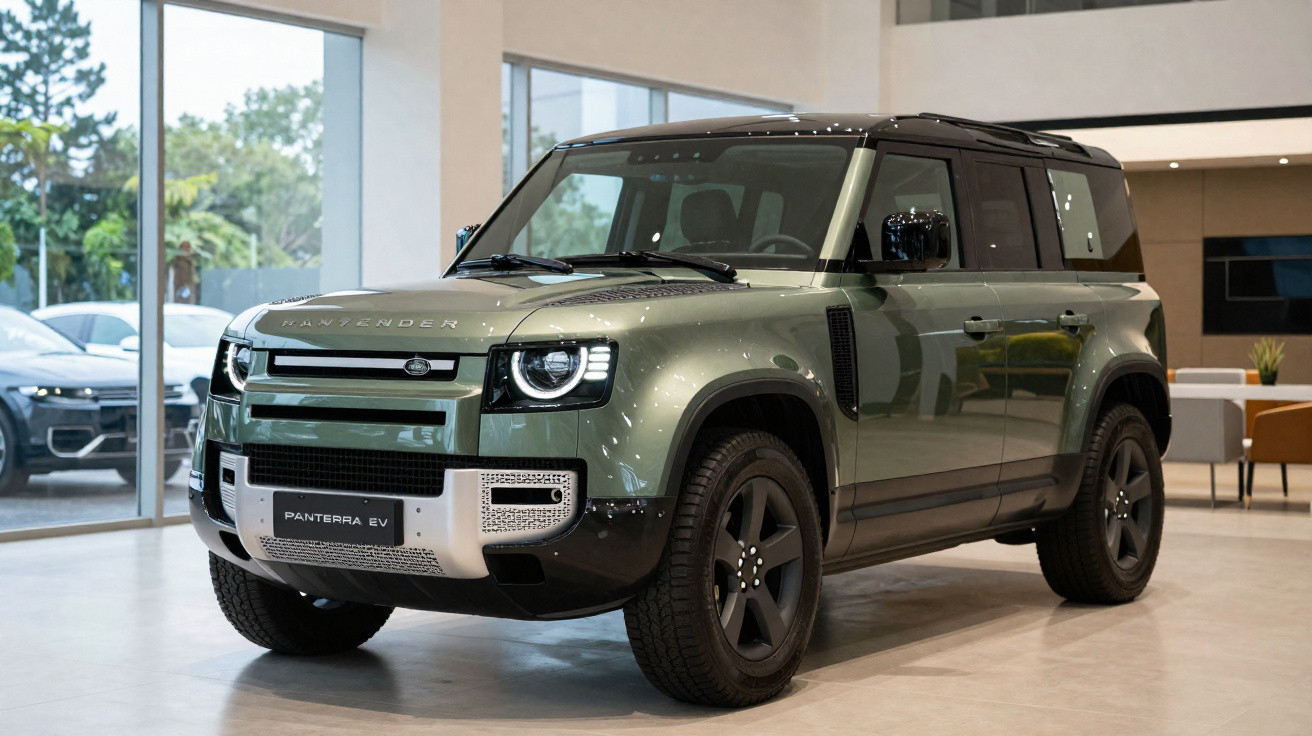 Carro Land Rover Defender verde dirigido em estrada sinuosa com céu nublado e árvores ao fundo.