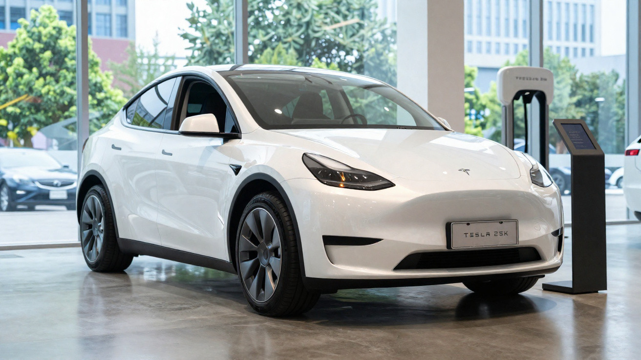 Carro elétrico branco Tesla Model Y em estrada de terra com poças e campo verde ao redor.