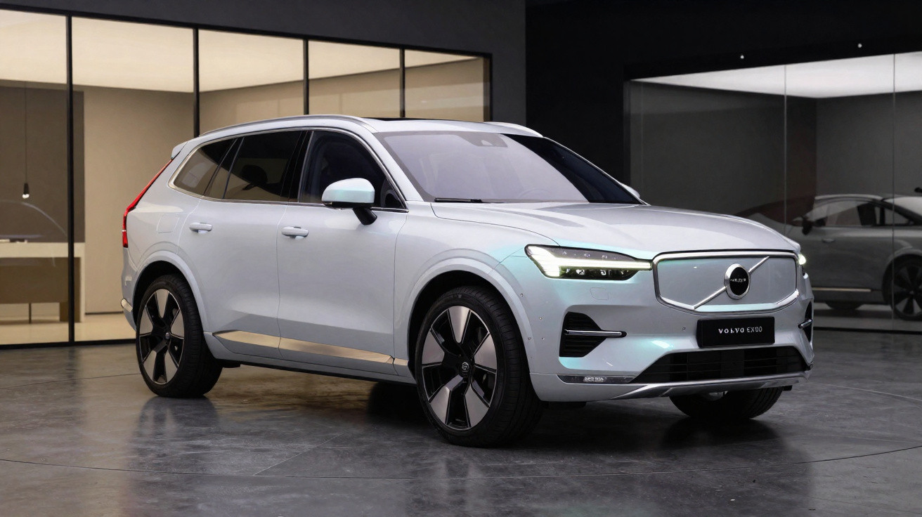 Carro elétrico Volvo roxo em estrada sinuosa com céu azul e nuvens ao fundo
