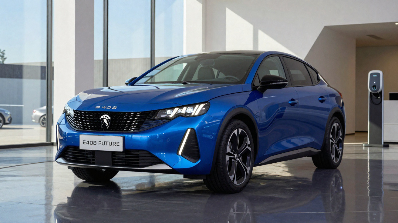 Carro vermelho Peugeot 408 em estrada curva com árvores ao fundo em dia ensolarado.