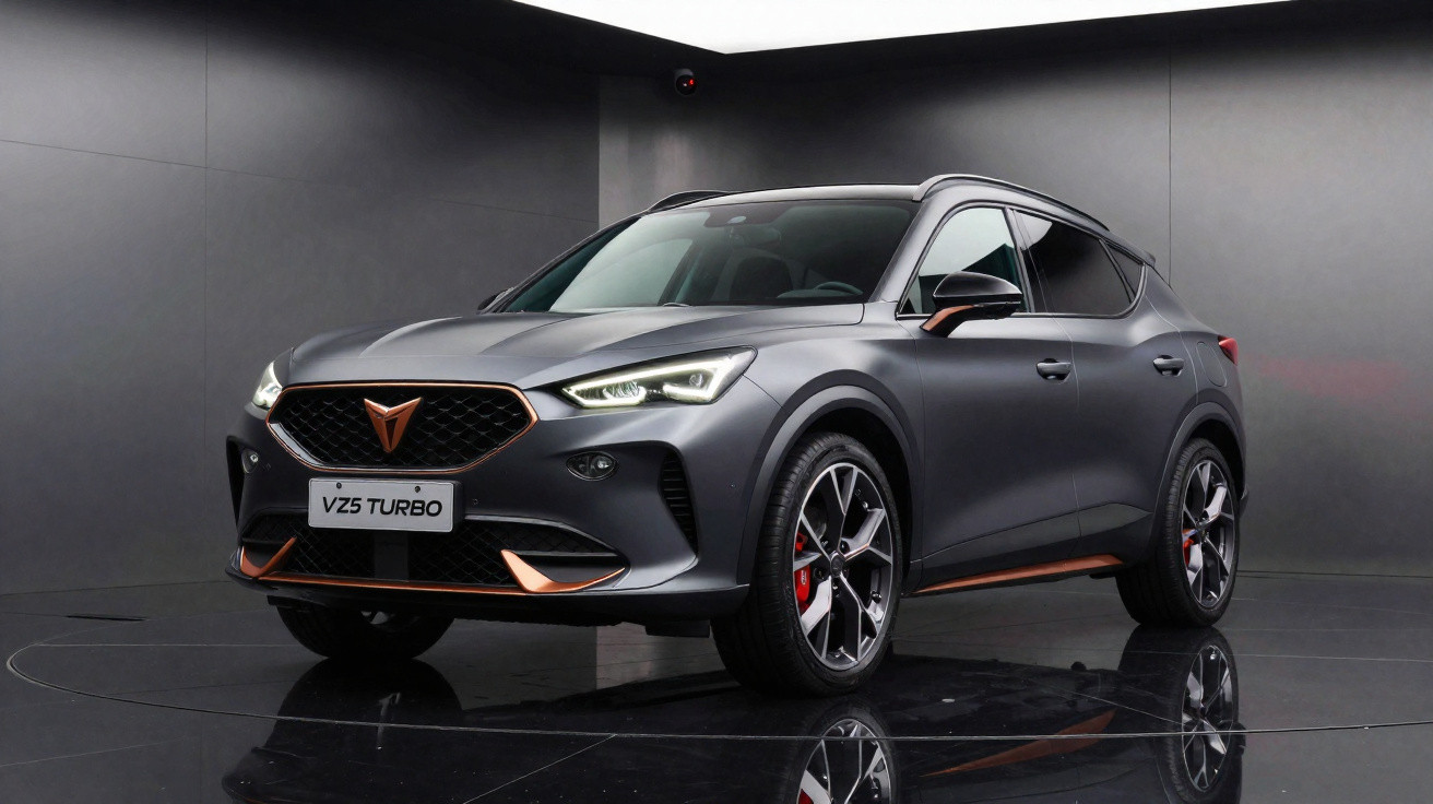 Carro SUV cinza em curva de estrada montanhosa com vegetação e rochas ao fundo.