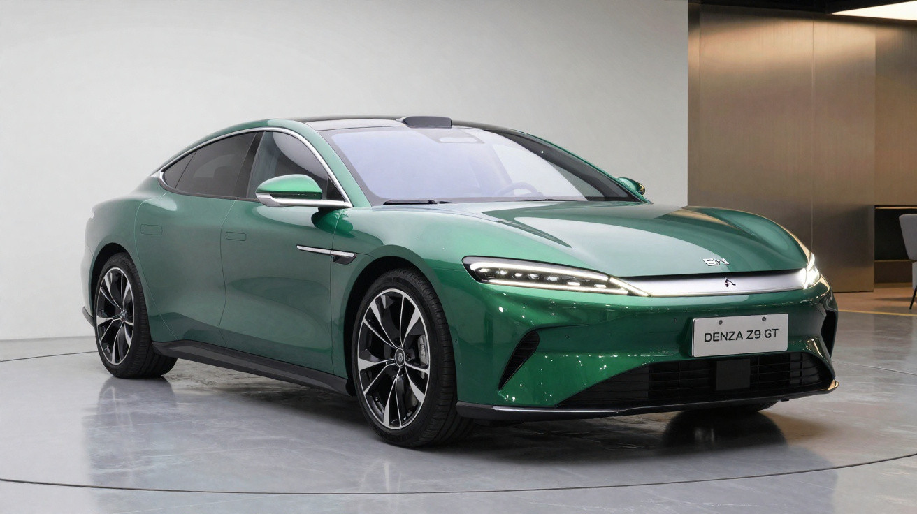 Carro elétrico prata Denza Z9 GT em pista de corrida durante o entardecer.