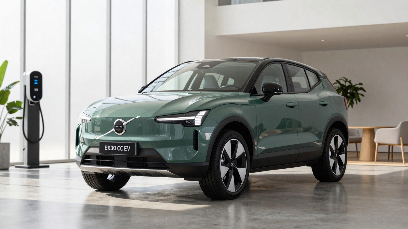 Carro elétrico Volvo Polestar branco em estrada com céu nublado e paisagem aberta ao fundo.