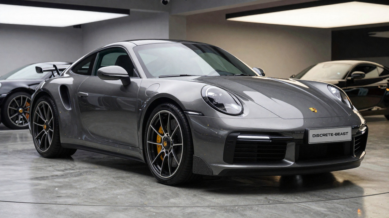Carro esportivo Porsche 911 amarelo em movimento na estrada com árvores ao fundo.