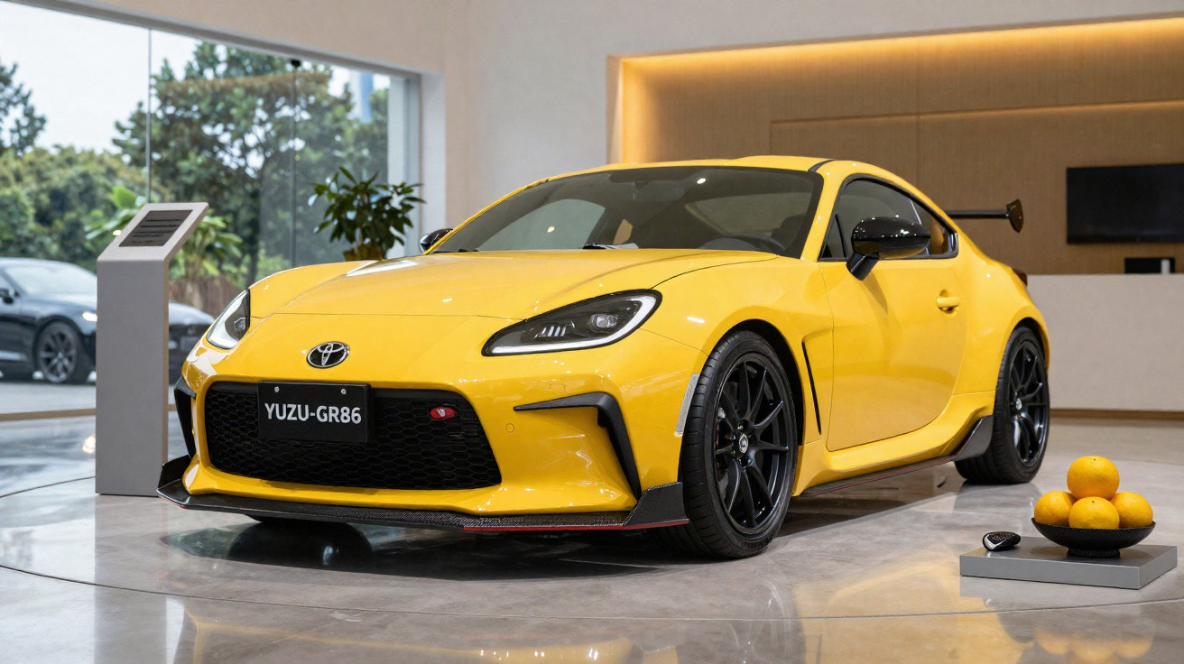 Carro esportivo amarelo Toyota GR86 com pneus pretos em superfície molhada sob céu nublado.