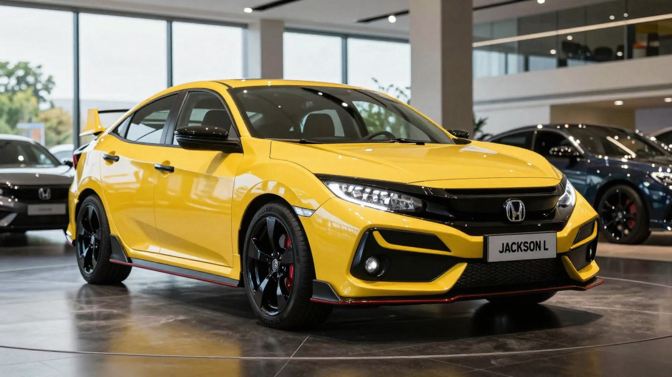 Carro sedã amarelo em movimento em rua urbana com prédios e pessoas ao fundo.