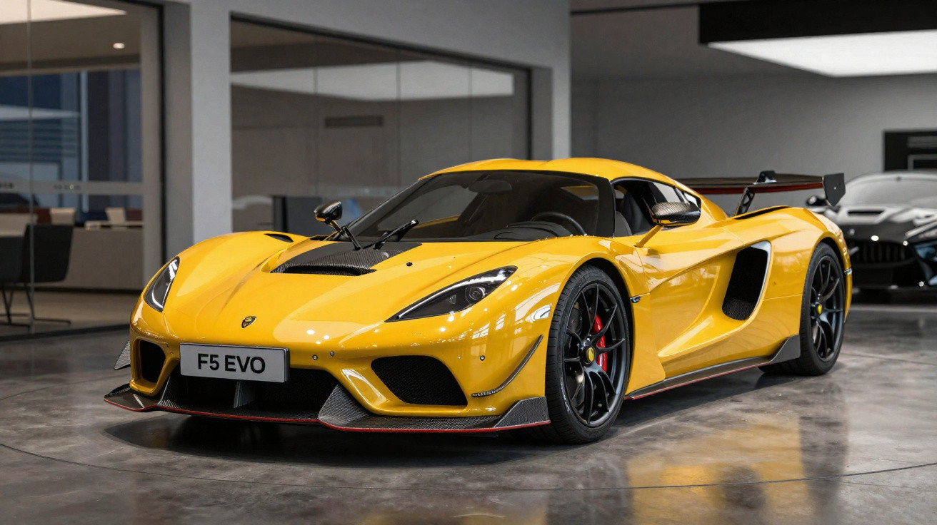 Carro esportivo amarelo com aerofólio grande dirigindo em pista sob céu nublado.