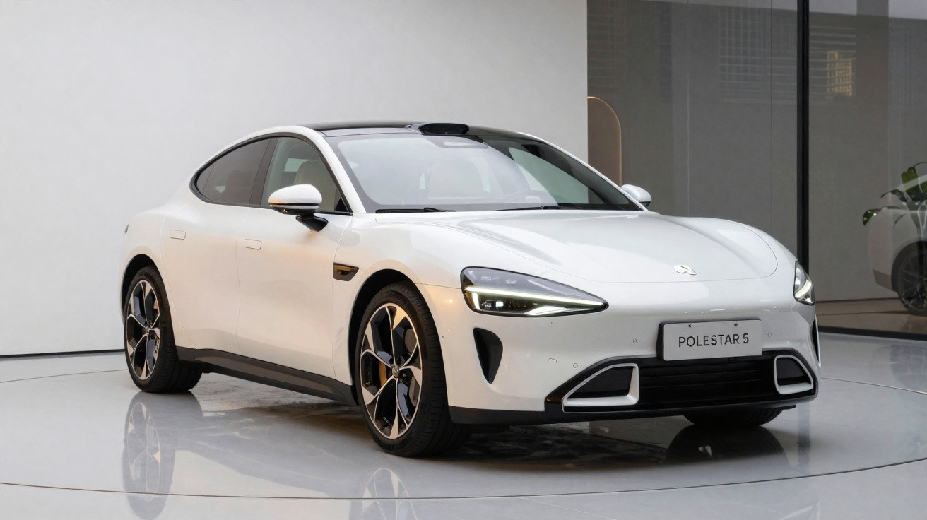 Carro elétrico branco Polestar 5 em alta velocidade numa estrada cercada por árvores verdes.
