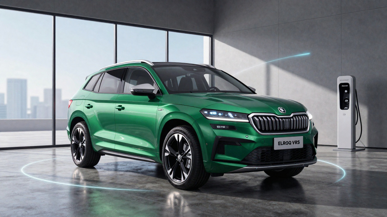 Carro SUV elétrico verde limão da Skoda em movimento em uma estrada sob céu nublado.