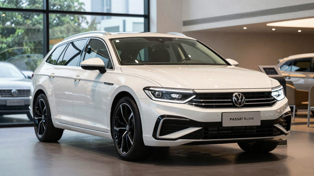 Carro Volkswagen Passat Variant cinza dirigindo em estrada asfaltada com campo e céu nublado ao fundo.