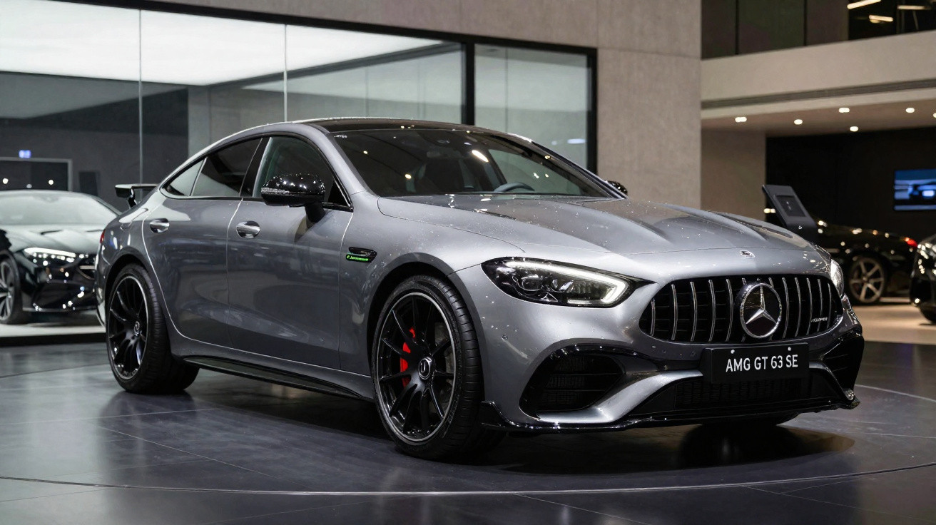 Carro esportivo azul Mercedes-Benz em estrada sinuosa com céu nublado e colinas ao redor.