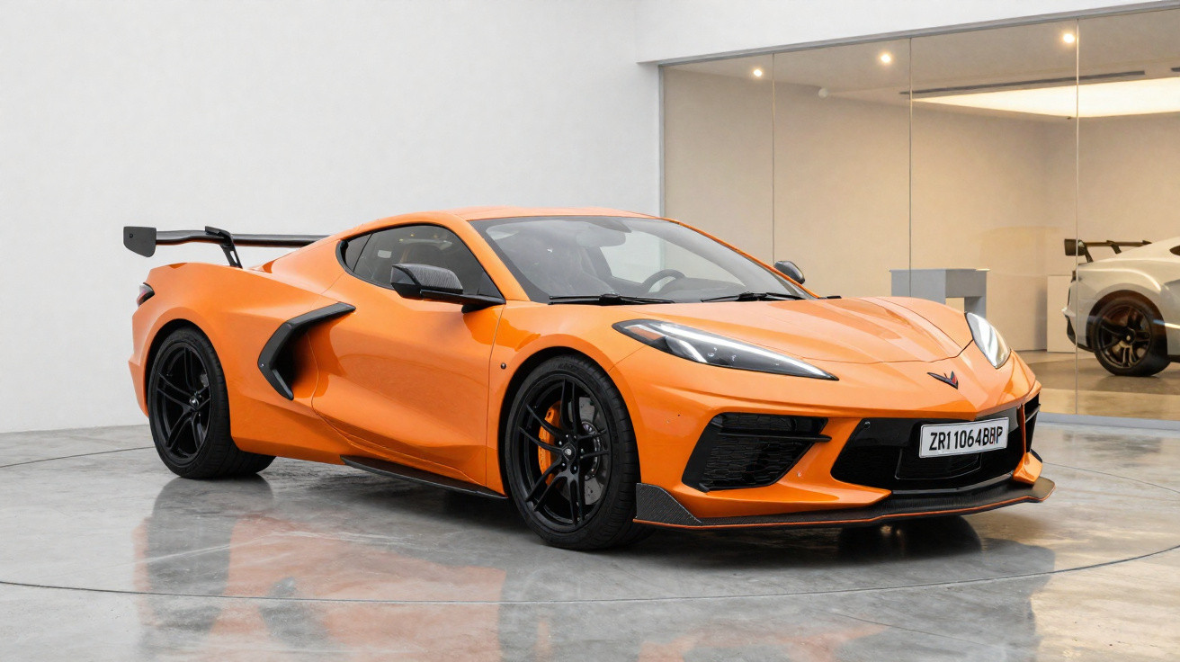 Carro esportivo amarelo em alta velocidade em pista de corrida com grades de proteção ao fundo.